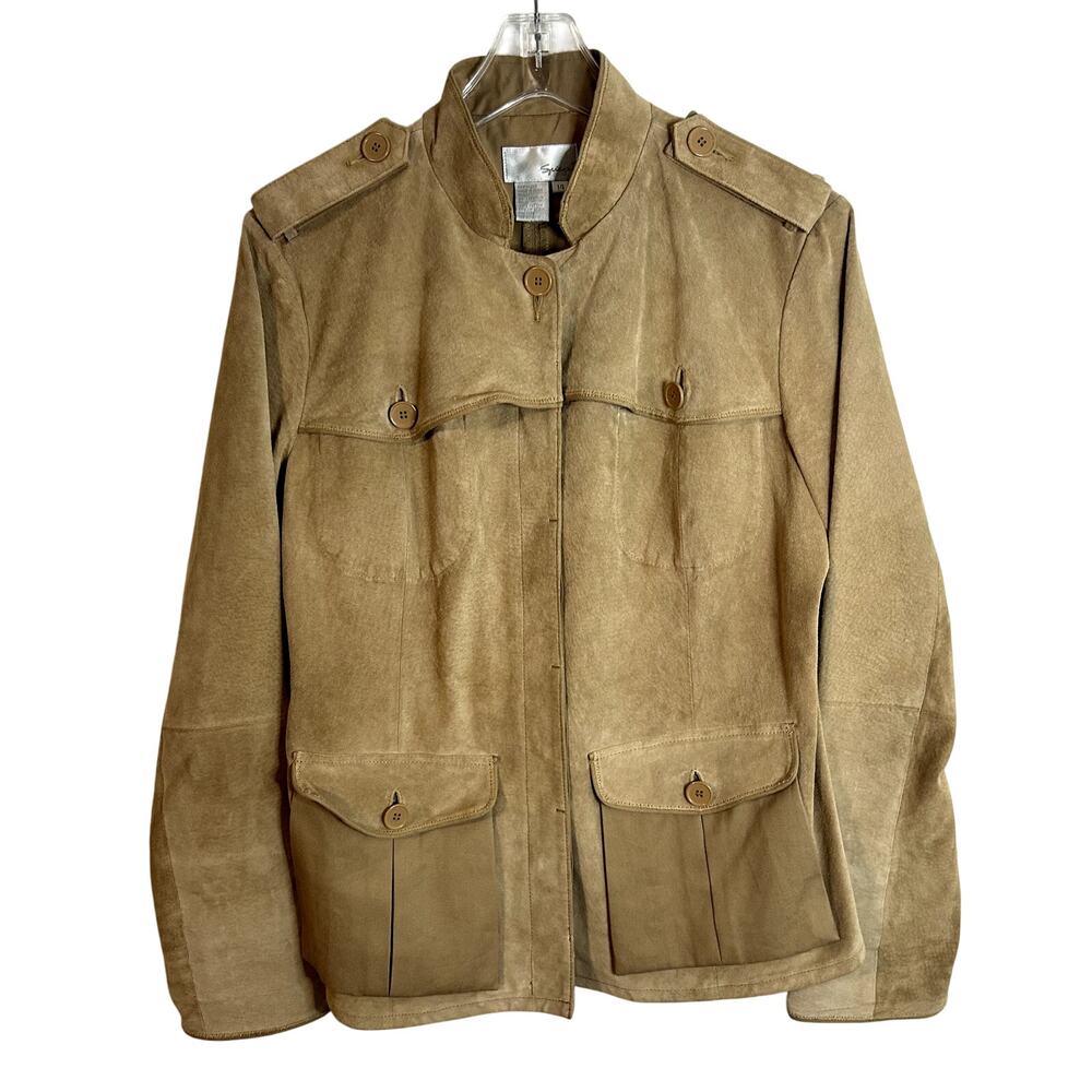 Spiegel Army Style Jacket Coat Womens Size 14 Leather Tan Vintage Vtg